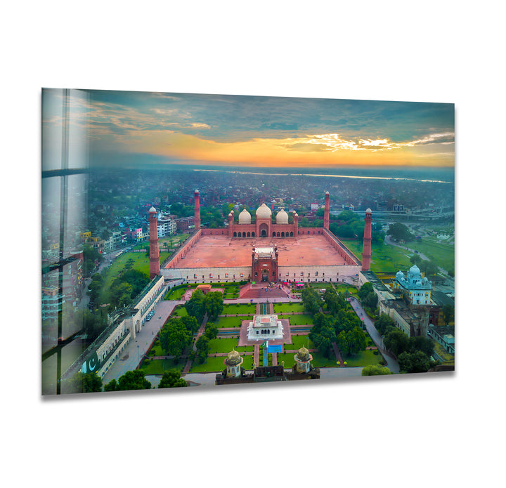 Badshahi Mosque Glass Wall Art - Aerial View of Iconic Lahore Landmark