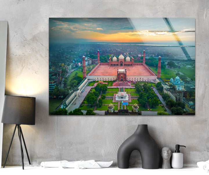 Badshahi Mosque Glass Wall Art - Aerial View of Iconic Lahore Landmark