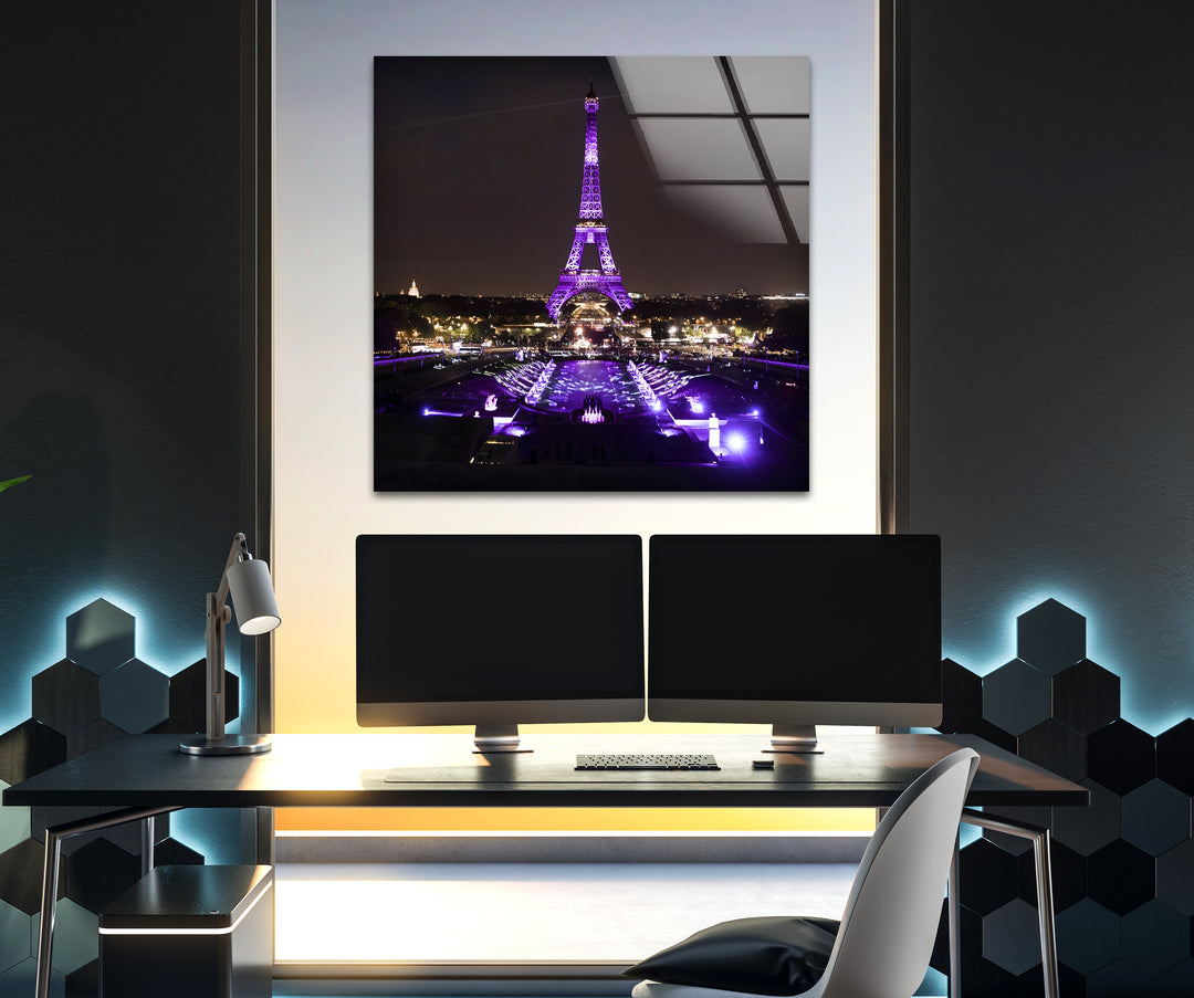 Eiffel Tower Glass Wall Art - Illuminated Paris Landmark at Night