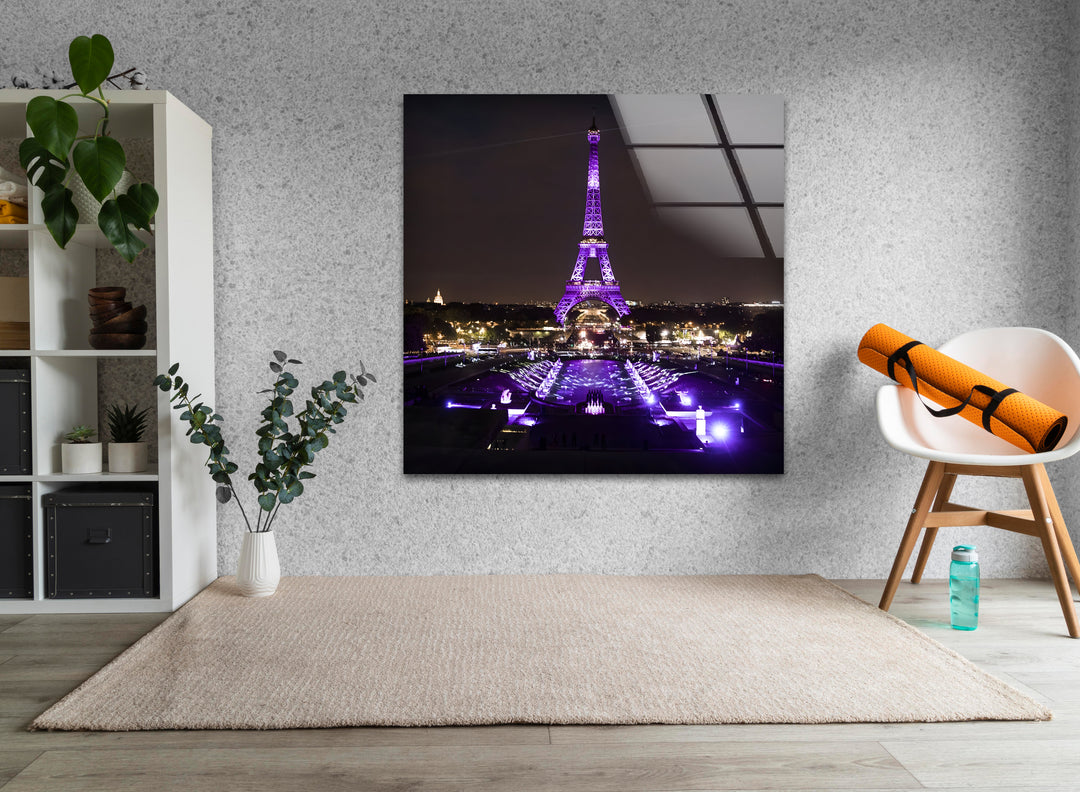 Eiffel Tower Glass Wall Art - Illuminated Paris Landmark at Night