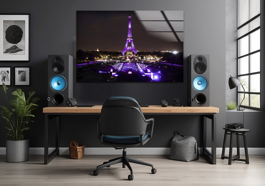 Eiffel Tower Glass Wall Art - Illuminated Paris Landmark at Night