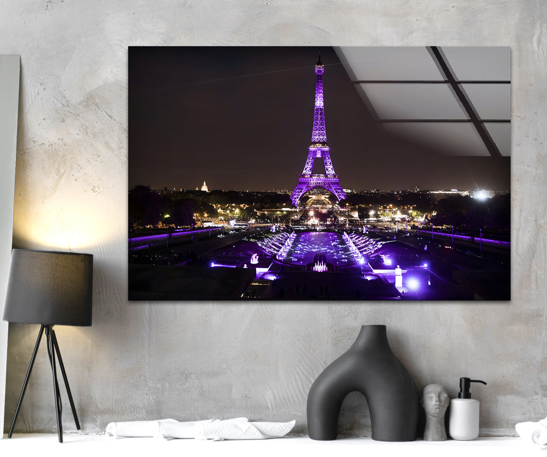 Eiffel Tower Glass Wall Art - Illuminated Paris Landmark at Night