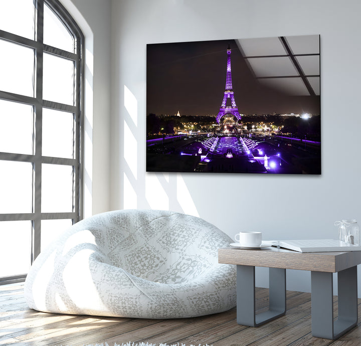 Eiffel Tower Glass Wall Art - Illuminated Paris Landmark at Night