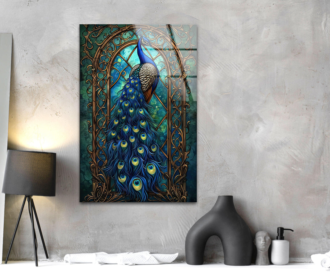 Peacock Blue Beauty Glass Wall Art photo print on glass, prints on glass wall art
