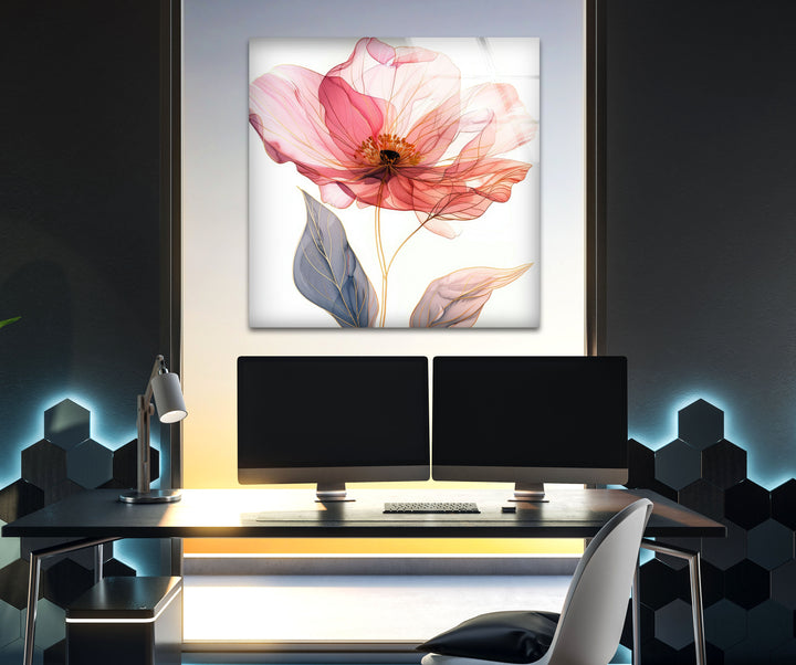 Pink Flower with Gold Line Tempered Glass Wall Art - MyPhotoStation