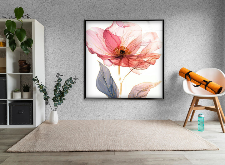 Pink Flower with Gold Line Tempered Glass Wall Art - MyPhotoStation