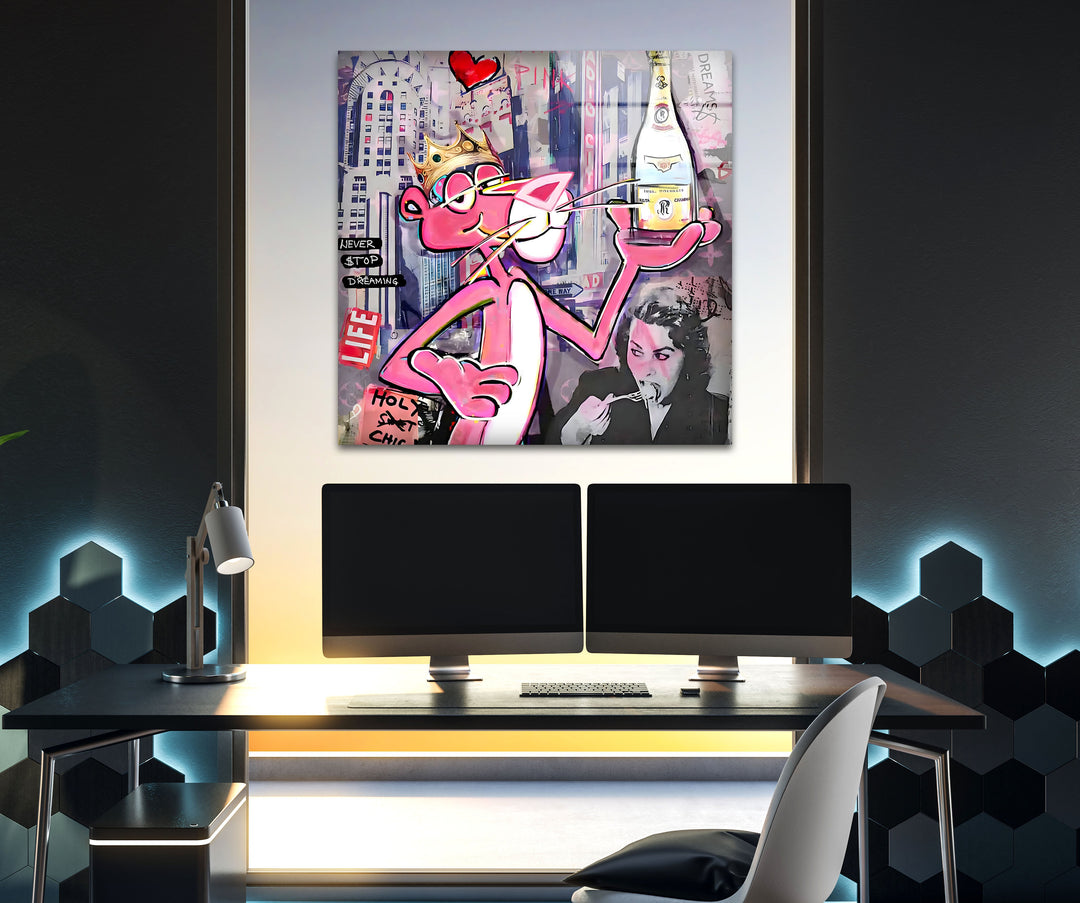 Pink Panther Cristal Glass Wall Art print picture on glass, Tempered Glass Wall Art
