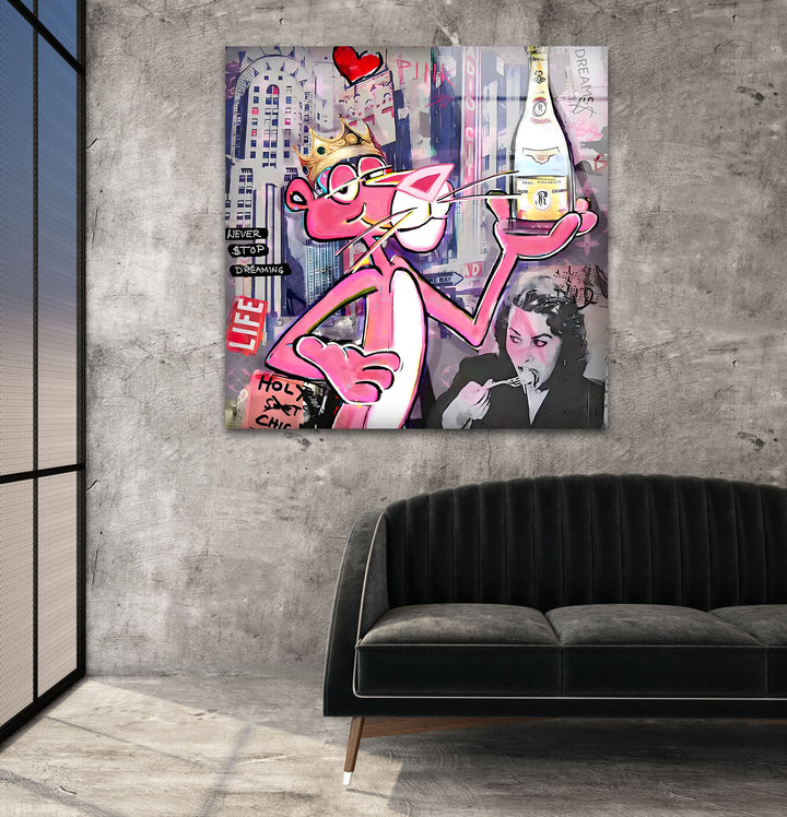 Pink Panther Cristal Glass Wall Art picture on glass wall art, photos printed on glass
