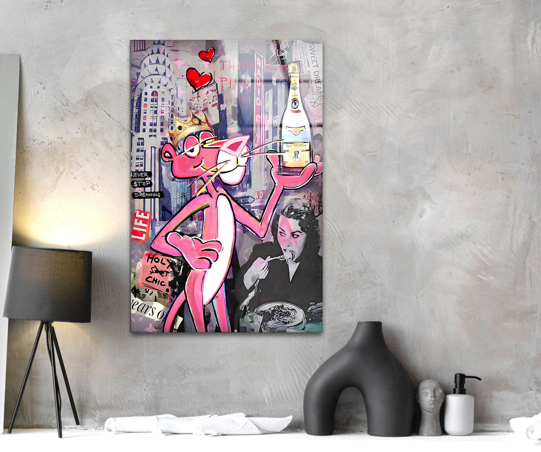 Pink Panther Cristal Glass Wall Art glass art painting, glass art for the Wall
