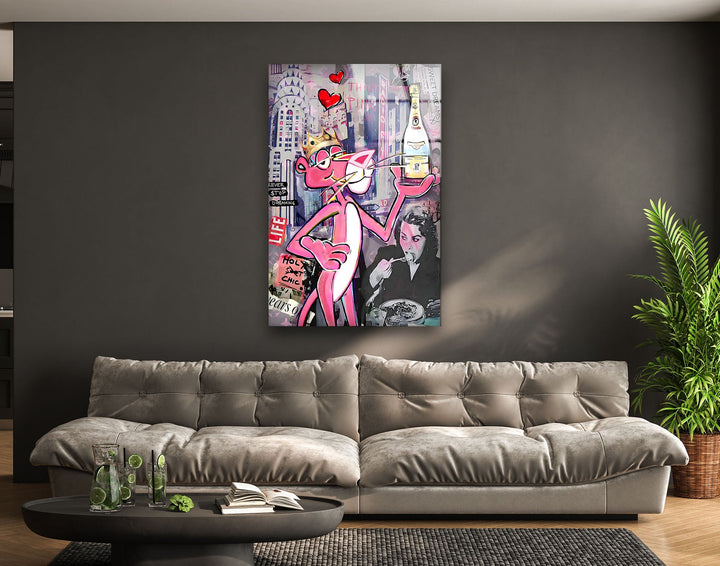 Pink Panther Cristal Glass Wall Art custom glass photo prints, large glass prints
