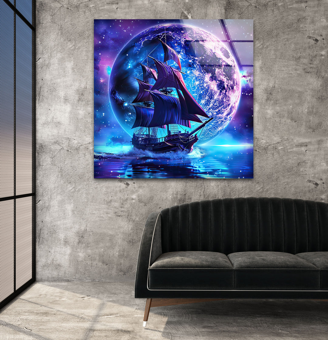 Pirate Ship Sailing & Moon Glass Wall Art art glass wall art, glass wall art pictures
