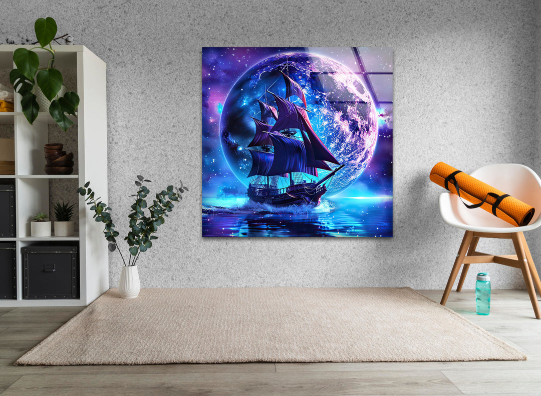 Pirate Ship Sailing & Moon Glass Wall Art Glass Printing Wall Art, Print photos on glass
