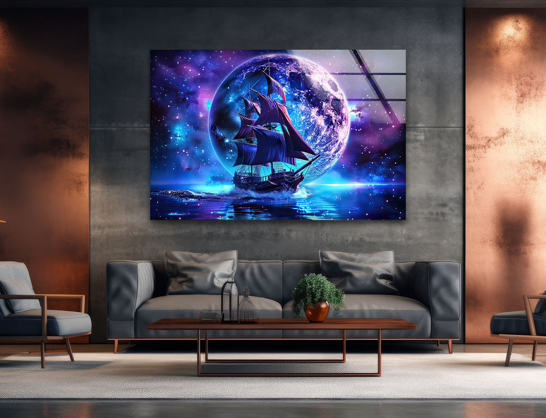 Pirate Ship Sailing & Moon Glass Wall Art glass pictures for Wall, glass prints wall art
