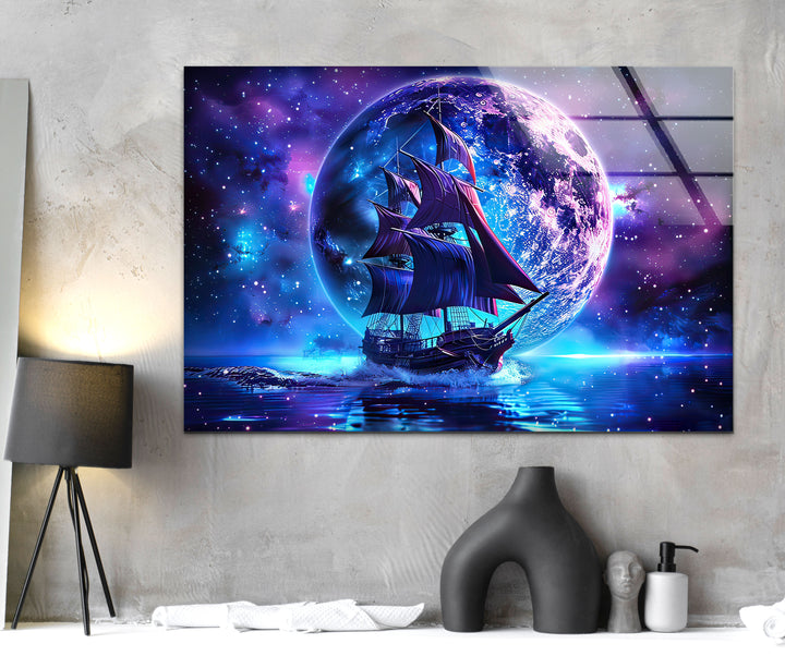 Pirate Ship Sailing & Moon Glass Wall Art custom glass pictures, glass art prints
