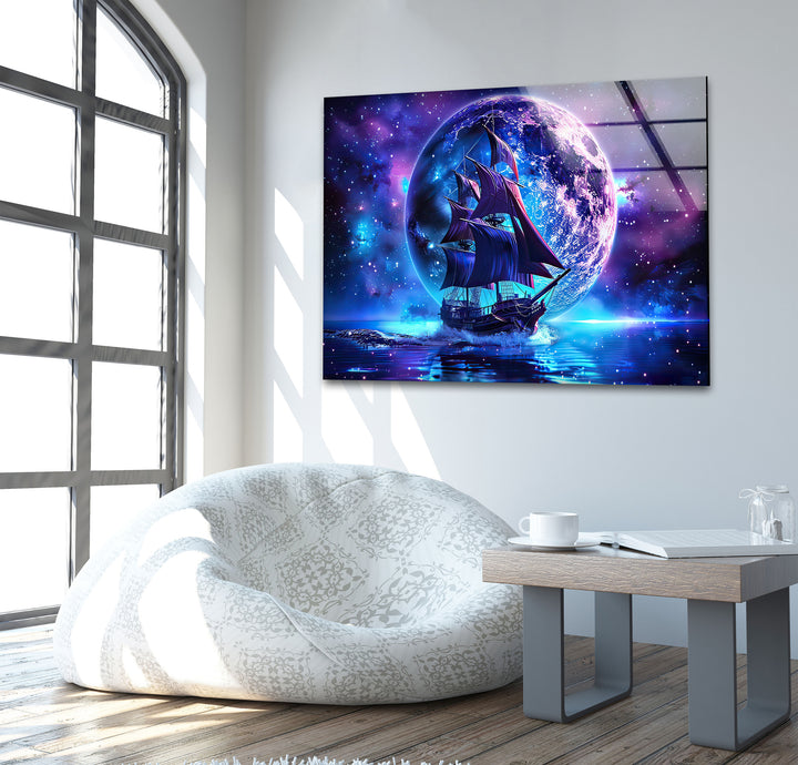 Pirate Ship Sailing & Moon Glass Wall Art large glass photo prints, glass wall photos
