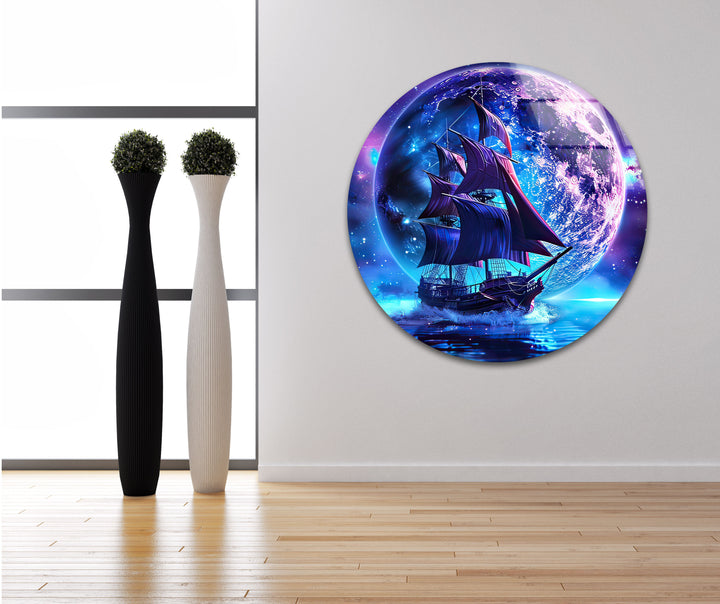 Pirate Ship Sailing & Moon Glass Wall Art custom glass photo prints, large glass prints
