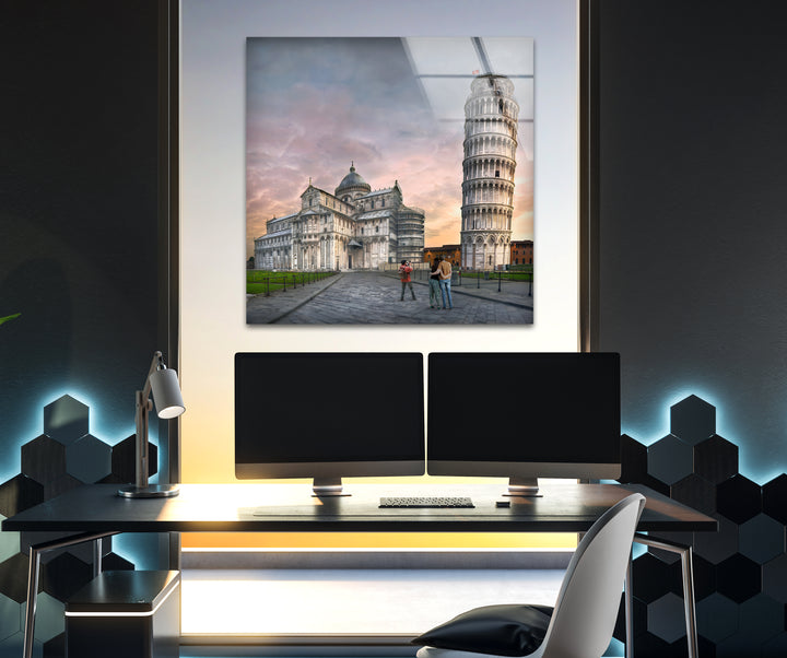 Leaning Tower of Pisa Glass Wall Art - Iconic Italian Landmark at Sunset