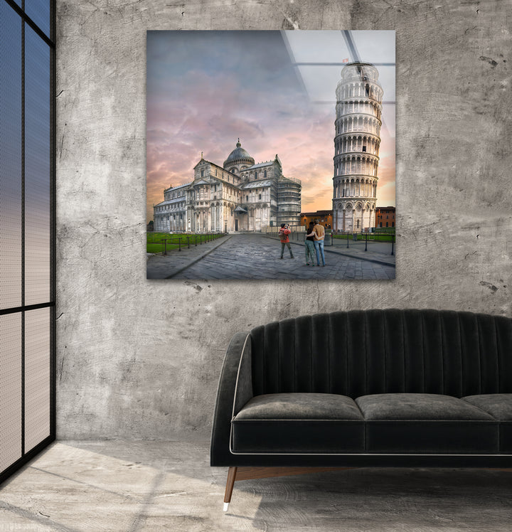 Leaning Tower of Pisa Glass Wall Art - Iconic Italian Landmark at Sunset