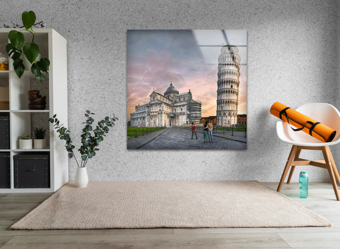 Leaning Tower of Pisa Glass Wall Art - Iconic Italian Landmark at Sunset