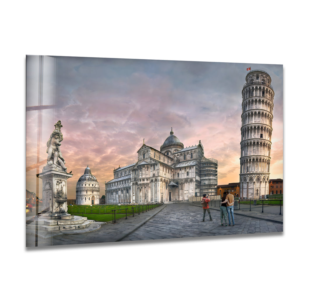 Leaning Tower of Pisa Glass Wall Art - Iconic Italian Landmark at Sunset