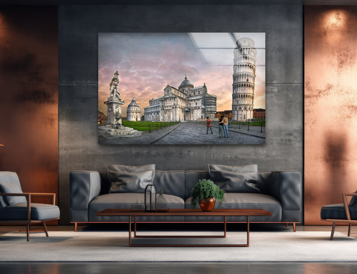 Leaning Tower of Pisa Glass Wall Art - Iconic Italian Landmark at Sunset