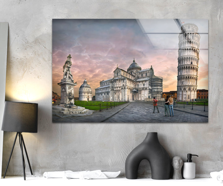 Leaning Tower of Pisa Glass Wall Art - Iconic Italian Landmark at Sunset