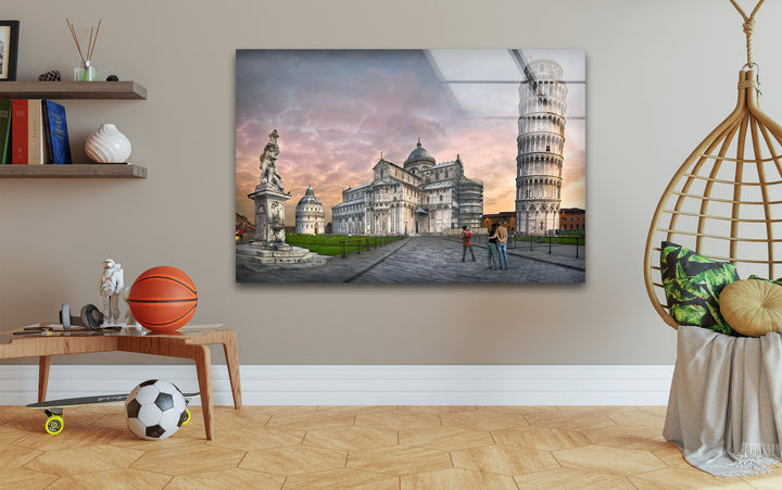 Leaning Tower of Pisa Glass Wall Art - Iconic Italian Landmark at Sunset