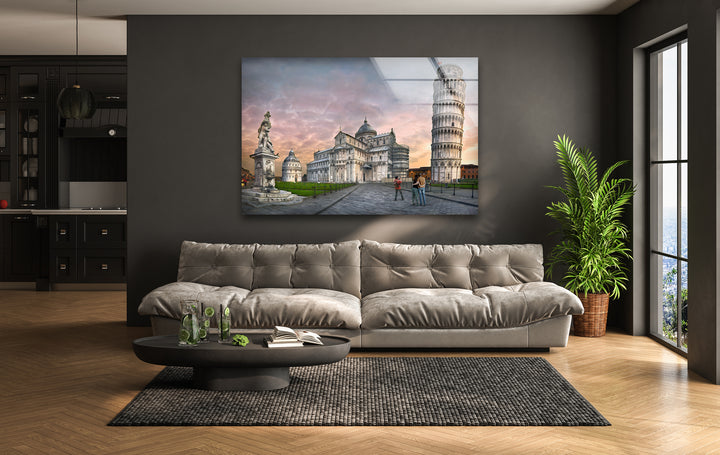 Leaning Tower of Pisa Glass Wall Art - Iconic Italian Landmark at Sunset