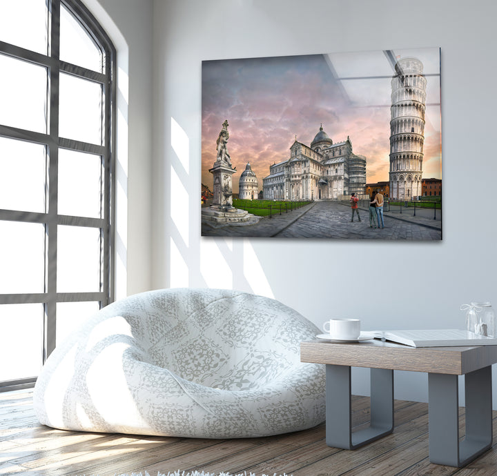 Leaning Tower of Pisa Glass Wall Art - Iconic Italian Landmark at Sunset