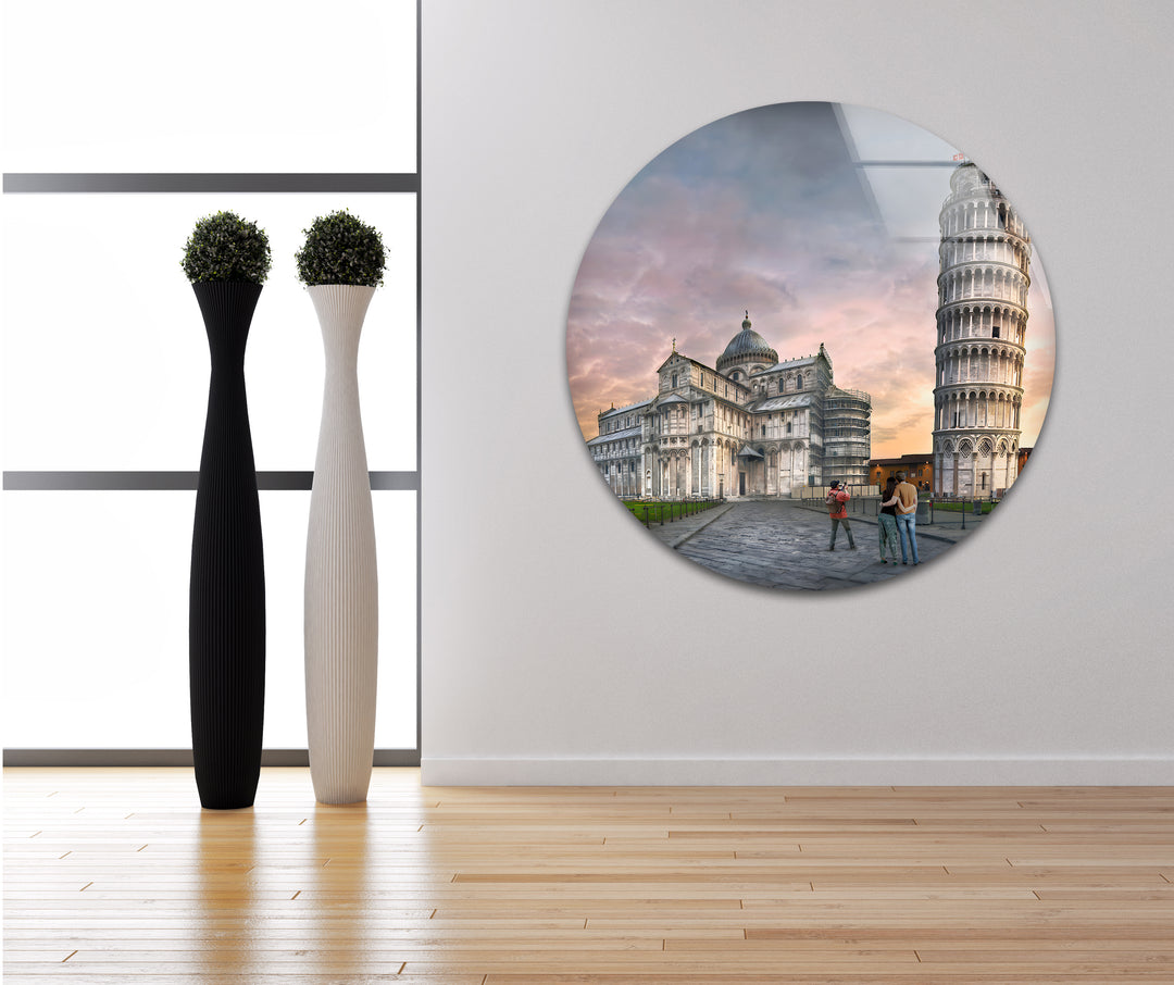 Leaning Tower of Pisa Glass Wall Art - Iconic Italian Landmark at Sunset