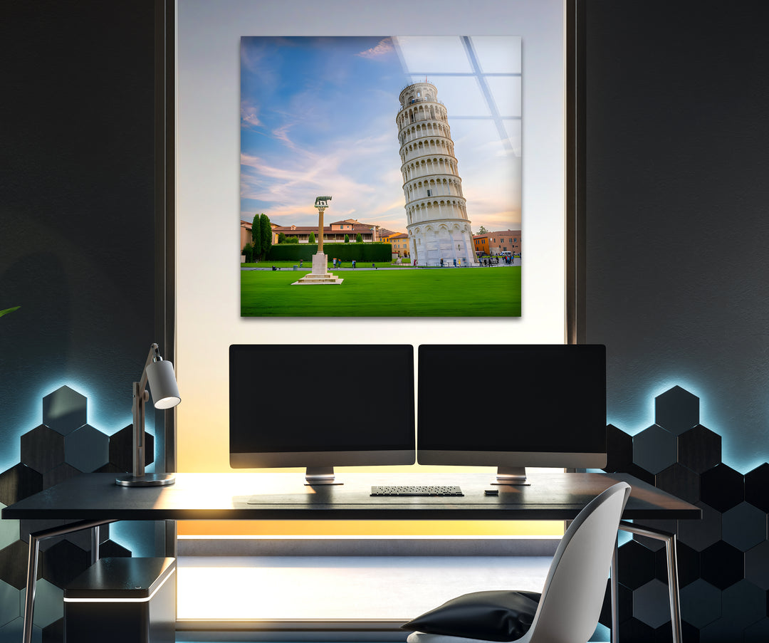 Leaning Tower of Pisa Glass Wall Art - Majestic Italian Sunset Landscape