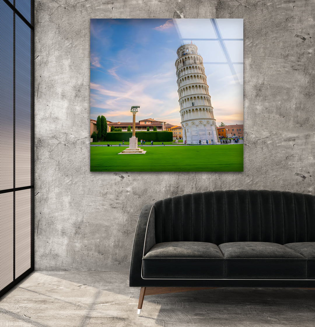 Leaning Tower of Pisa Glass Wall Art - Majestic Italian Sunset Landscape