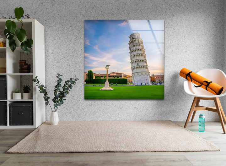 Leaning Tower of Pisa Glass Wall Art - Majestic Italian Sunset Landscape