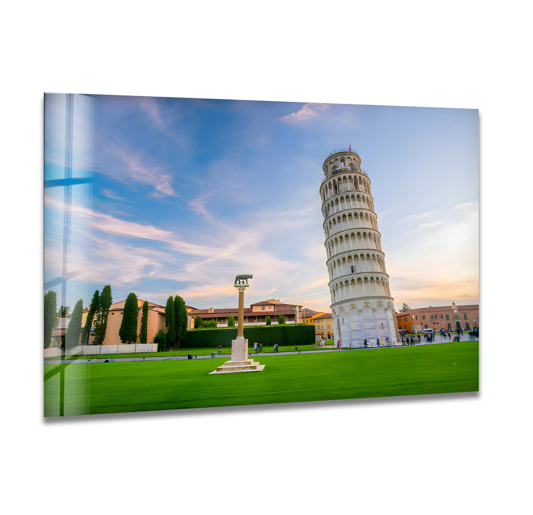 Leaning Tower of Pisa Glass Wall Art - Majestic Italian Sunset Landscape