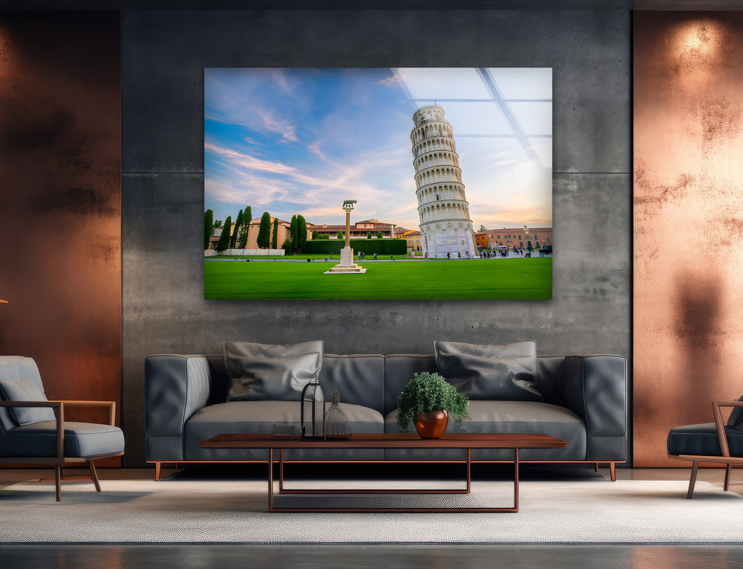 Leaning Tower of Pisa Glass Wall Art - Majestic Italian Sunset Landscape