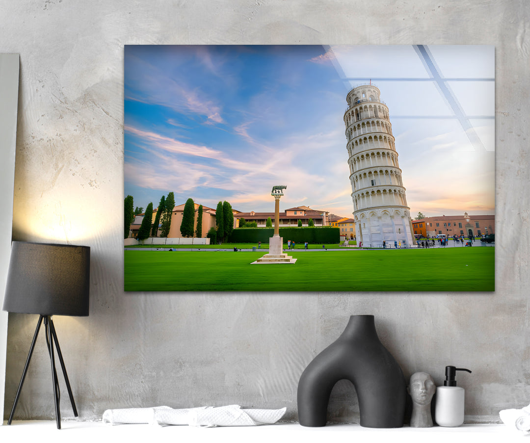 Leaning Tower of Pisa Glass Wall Art - Majestic Italian Sunset Landscape