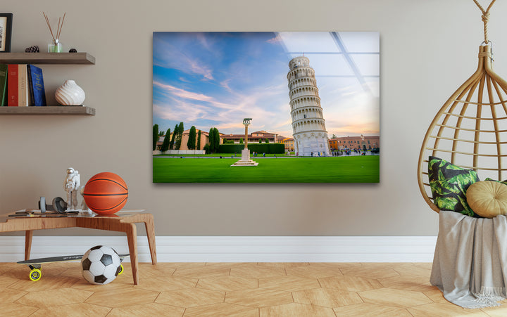 Leaning Tower of Pisa Glass Wall Art - Majestic Italian Sunset Landscape