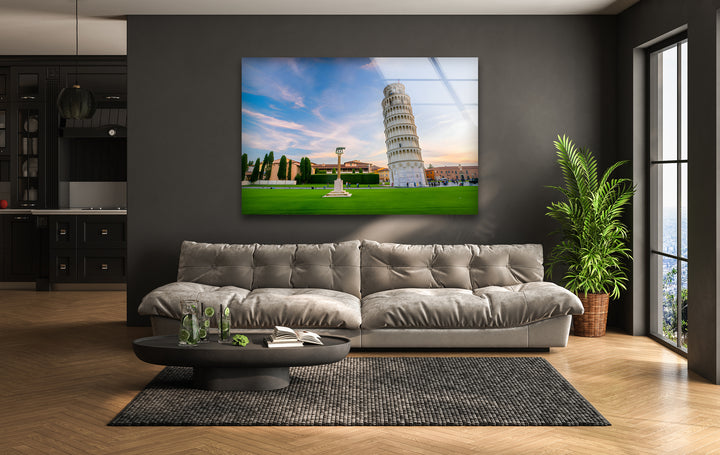 Leaning Tower of Pisa Glass Wall Art - Majestic Italian Sunset Landscape