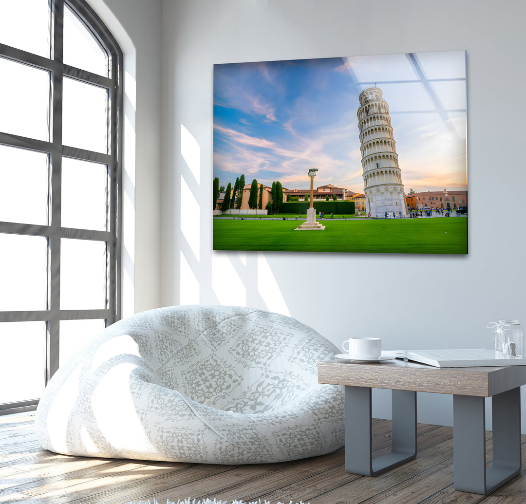 Leaning Tower of Pisa Glass Wall Art - Majestic Italian Sunset Landscape