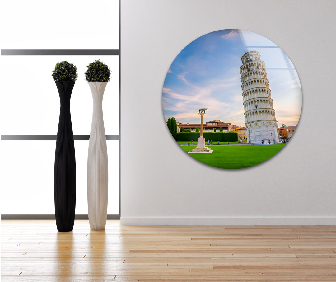 Leaning Tower of Pisa Glass Wall Art - Majestic Italian Sunset Landscape