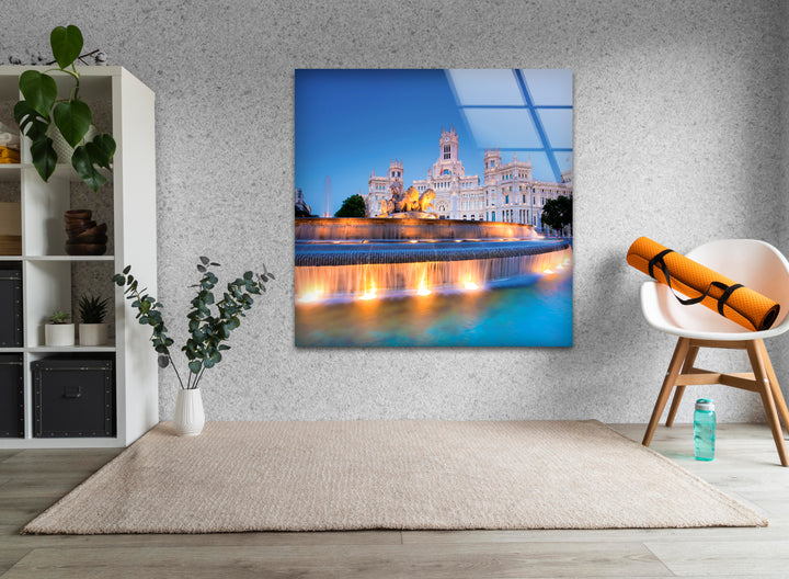 Cibeles Fountain Glass Wall Art - Madrid’s Iconic Landmark at Dusk