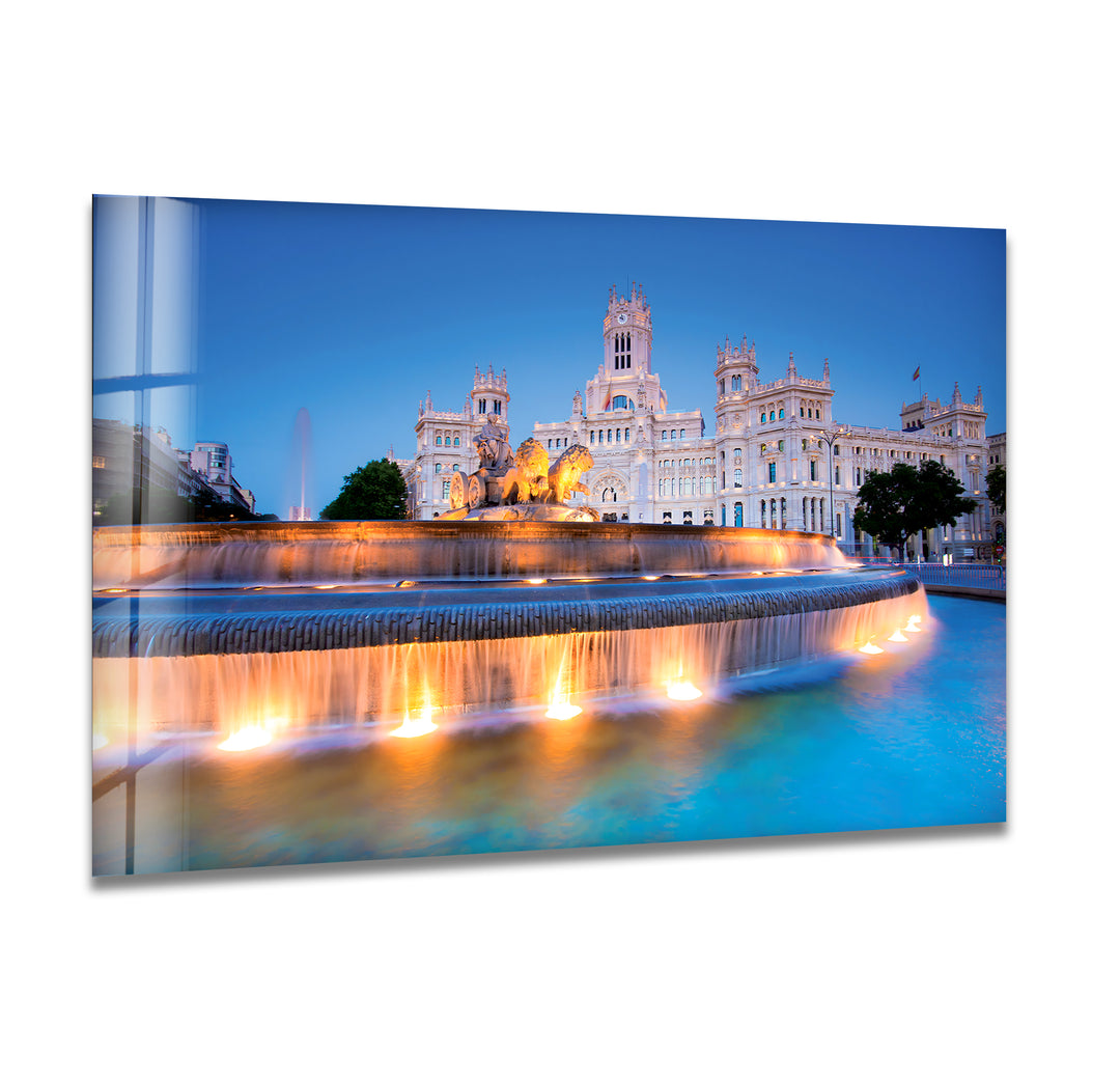 Cibeles Fountain Glass Wall Art - Madrid’s Iconic Landmark at Dusk