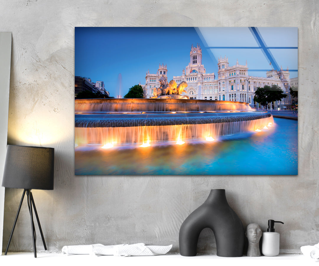 Cibeles Fountain Glass Wall Art - Madrid’s Iconic Landmark at Dusk