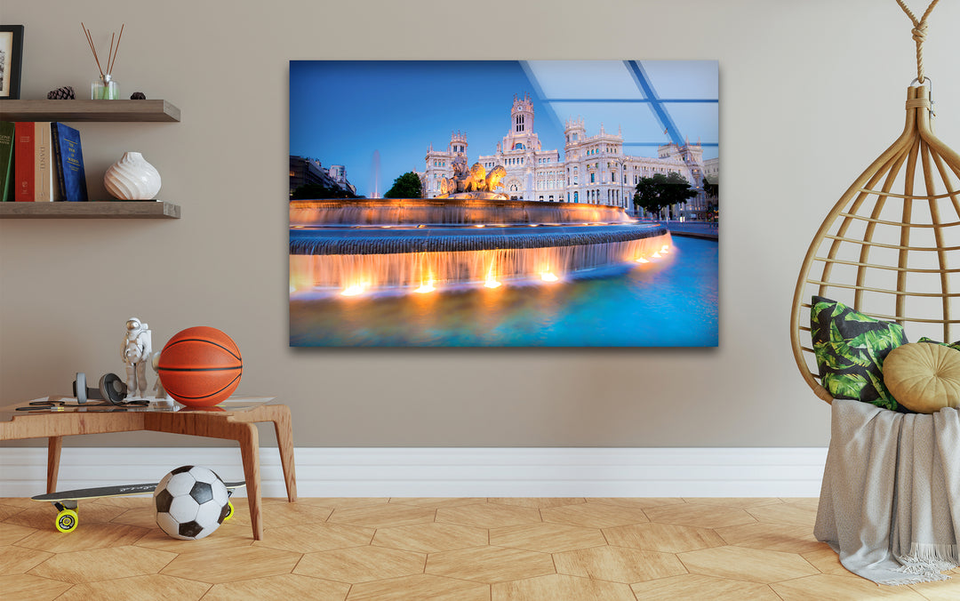 Cibeles Fountain Glass Wall Art - Madrid’s Iconic Landmark at Dusk