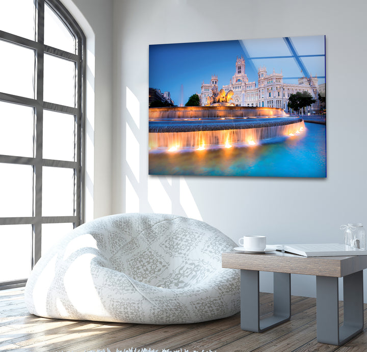 Cibeles Fountain Glass Wall Art - Madrid’s Iconic Landmark at Dusk