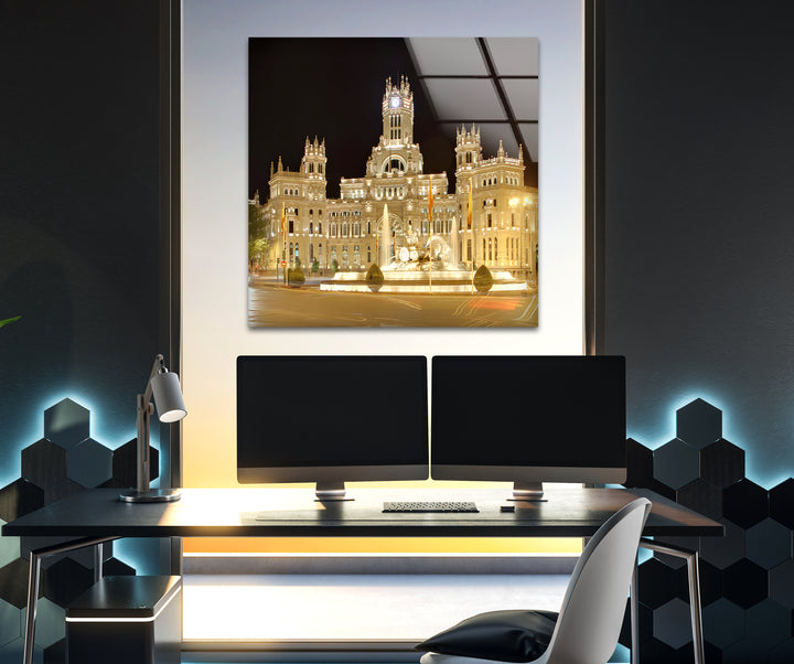 Cibeles Fountain Glass Wall Art – Iconic Madrid Landmark at Night