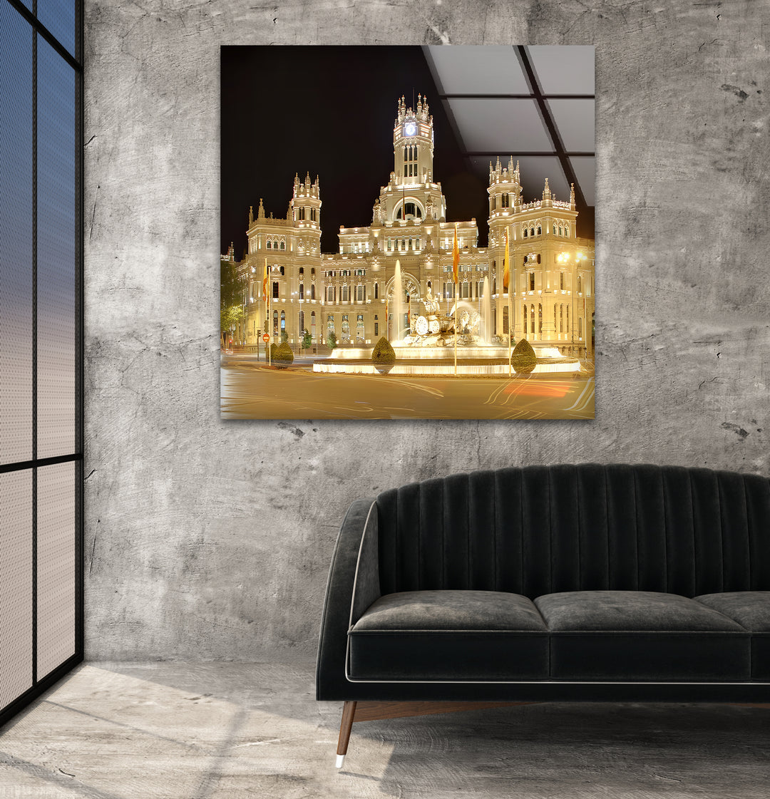 Cibeles Fountain Glass Wall Art – Iconic Madrid Landmark at Night