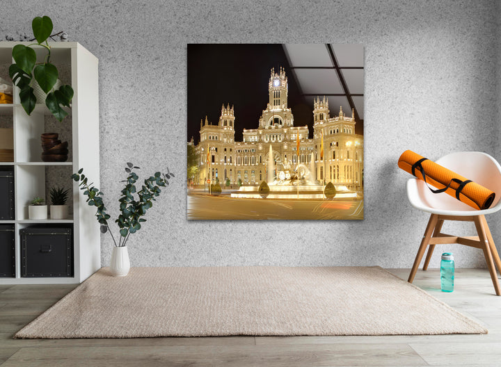 Cibeles Fountain Glass Wall Art – Iconic Madrid Landmark at Night