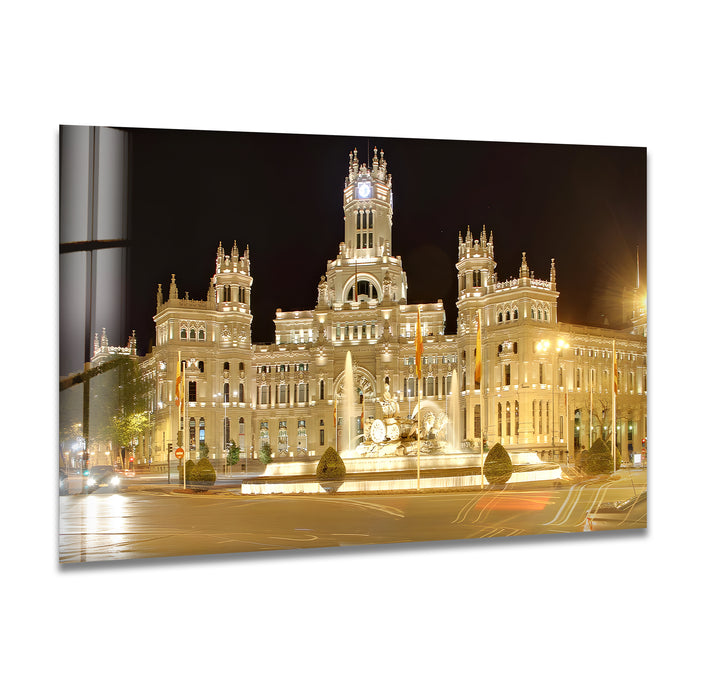 Cibeles Fountain Glass Wall Art – Iconic Madrid Landmark at Night