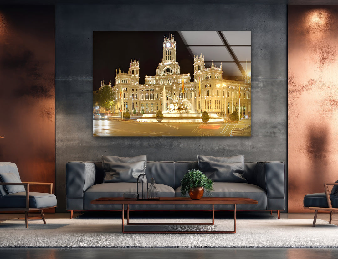 Cibeles Fountain Glass Wall Art – Iconic Madrid Landmark at Night